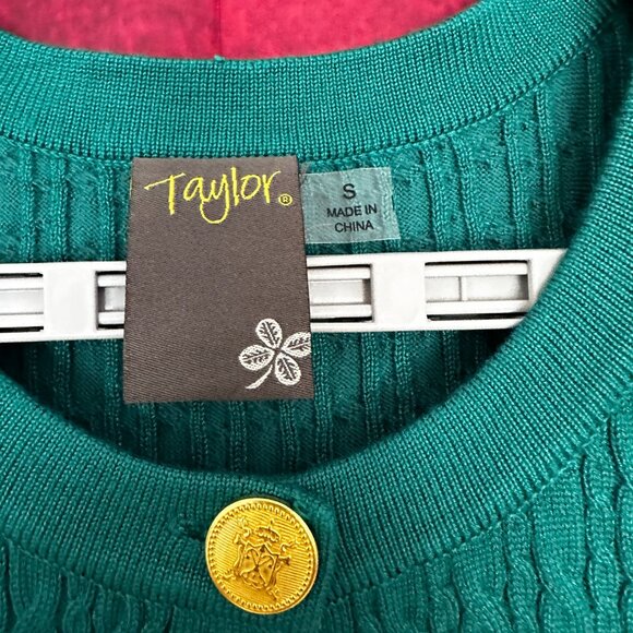 TAYLOR WOMEN'S SIZE S-SMALL GREEN CABLE-KNIT SWEATER DRESS GOLD BUTTON STRETCH - Picture 2 of 12